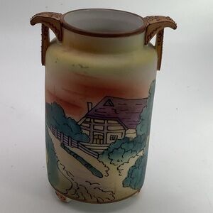 Antique Nippon  5” Hand Painted Footed Vase of Japanese House